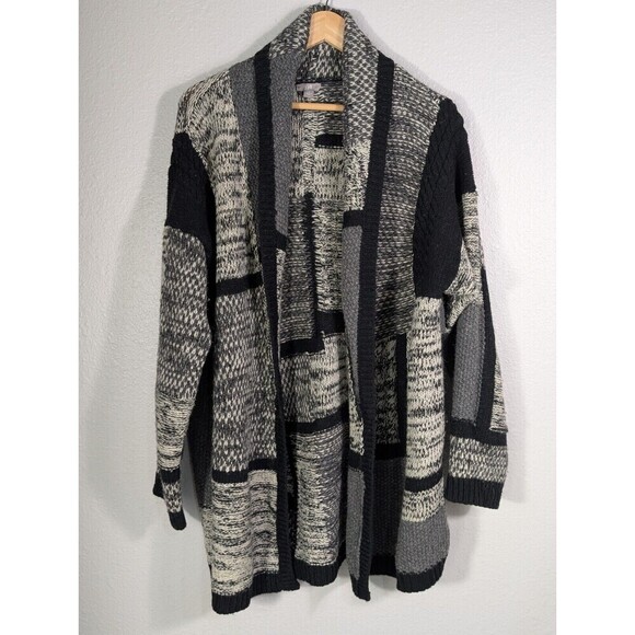 J.JILL Black Gray White Patchwork Wool Blend Open Cardigan Sweater Coat Sz L N96 - Picture 1 of 8